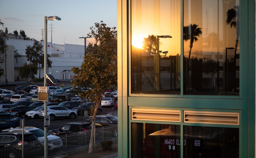 A parking lot at Fashion Valley is shown from the Fashion Valley trolley station, Aug. 24, 2022. Anastasia met her son here after he had been missing.