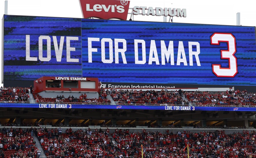 A video board at Levi's Stadium shows a message for Damar Hamlin during an NFL football game between the San Francisco 49ers and the Arizona Cardinals in Santa Clara, Calif., Sunday, Jan. 8, 2023.