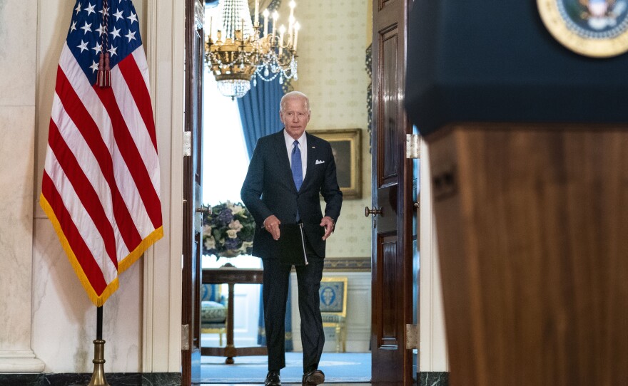President Joe Biden arrives to speak at the White House on Friday after the Supreme Court overturned <em>Roe v. Wade</em>.
