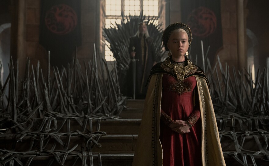 King Viserys (Paddy Considine) and Princess Rhaenyra (Milly Alcock) have a few points to make in <em>House of the Dragon.</em>