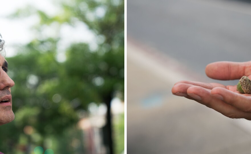 Jason Logan, author of <em>Make Ink</em>, holds an acorn that he found in Washington, D.C.