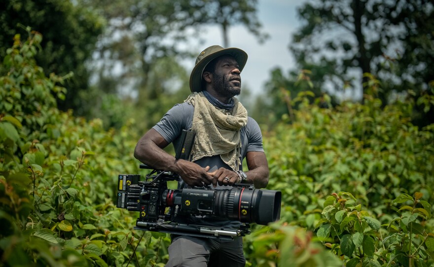 Cinematographer and presenter Vianet Djenguet in Kahuzi-Biega National Park, Democratic Republic of the Congo.