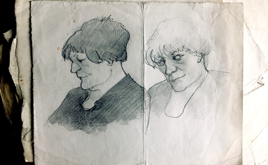 Tucker worked in oils and watercolors, but often would pick up any old scrap of paper to sketch what he saw around him.
