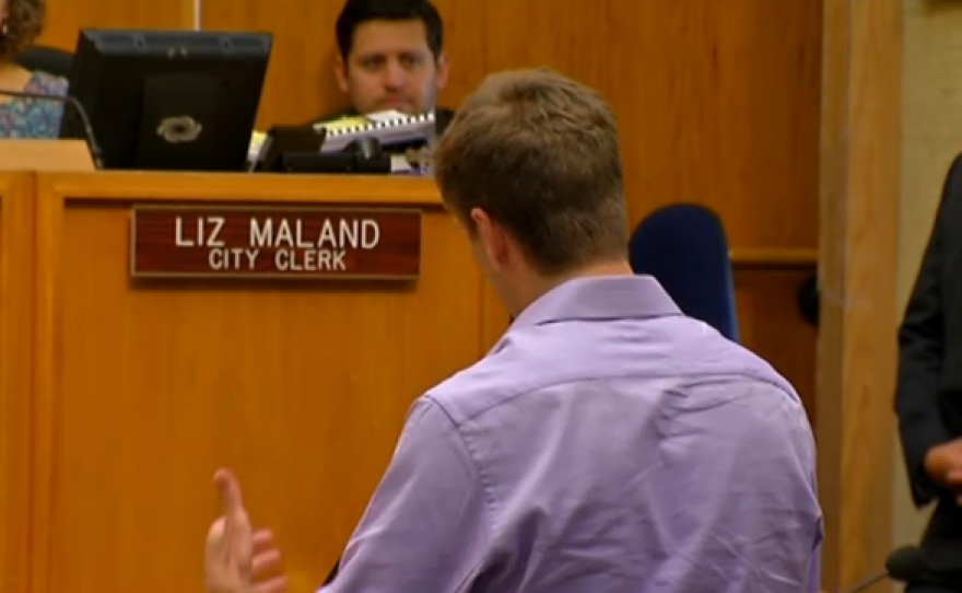 Public speaker Mike Slater speaks to the City Council about their potential deal with Mayor Bob Filner.