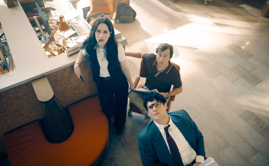 The Daily Planet newsroom, Rachel Brosnahan as Lois Lane, Skyler Gisondo as Jimmy and David Corenswet as Clark Kent in DC Studios’ and Warner Bros. Pictures’ “Superman." (2025)