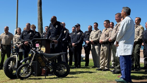 Police and emergency room doctors hold a press conference to consider the risks of  electric bikes and motorcycles in San Diego on Sept. 8, 2025