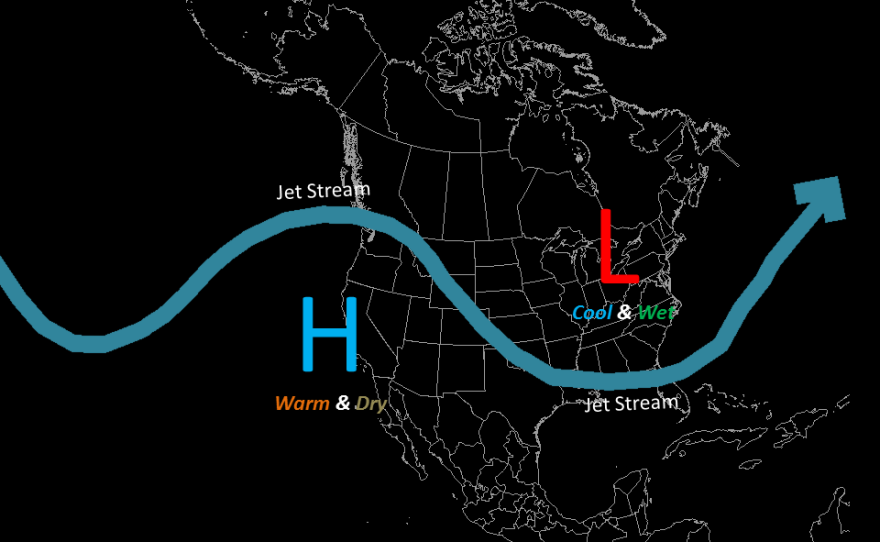 A high pressure ridge has been pushing storms up and over California, as illustrated by the map above, May 15, 2015.