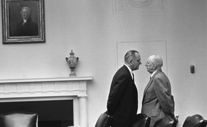 President Johnson endeavors to give "The Treatment" to Senator Richard Russell in 1963.