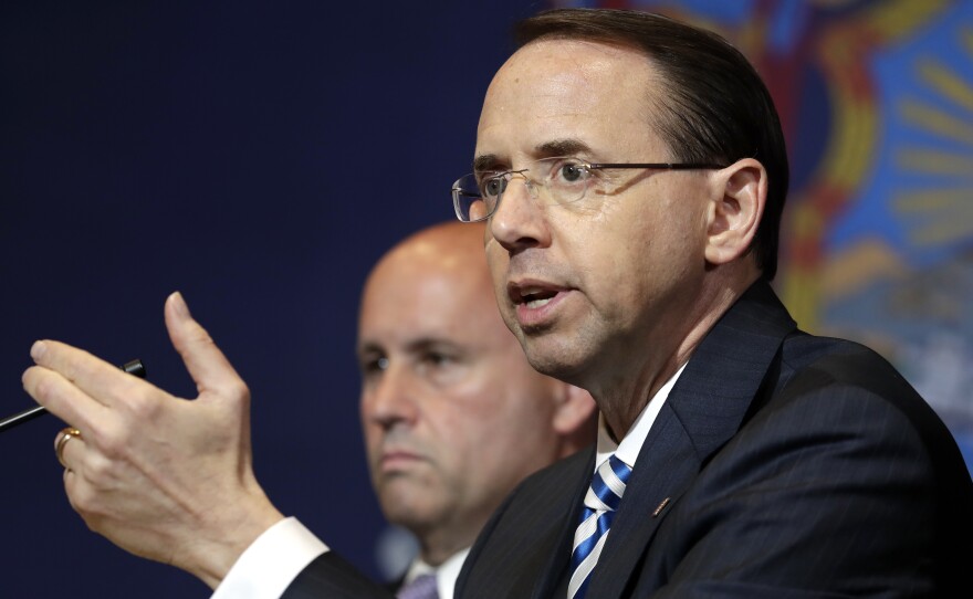 Deputy Attorney General Rod Rosenstein speaks during a roundtable on immigration policy at Morrelly Homeland Security Center on May 23 in Bethpage, N.Y.