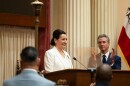 Senate President Pro Tem Monique Limón addresses lawmakers during her swearing-in ceremony in the Senate chambers at the state Capitol in Sacramento on Jan. 5, 2026.