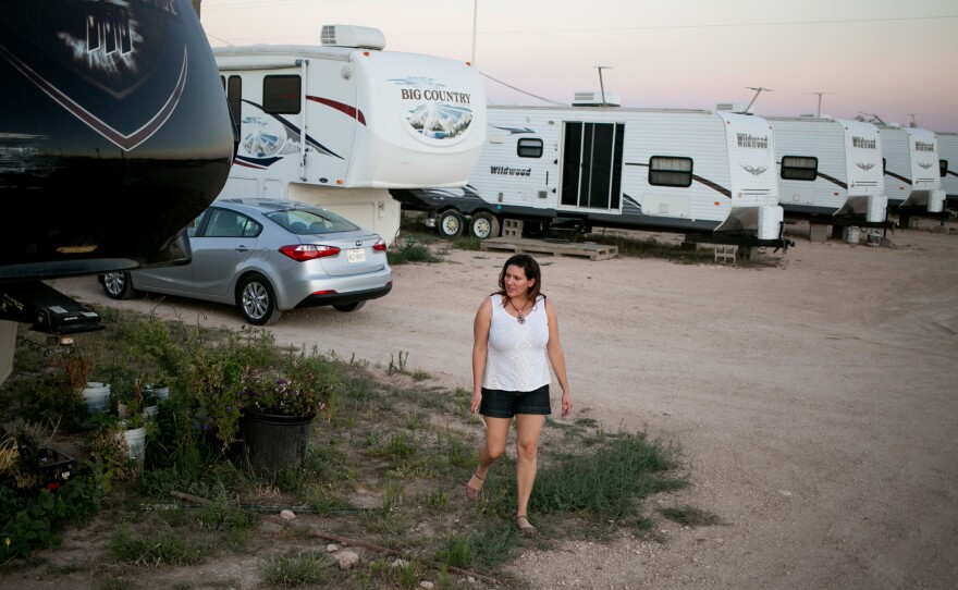 Jesse Murillo (top right) and Megan Newman (bottom) opened the Out West RV park, nestled between Midland and Odessa, as a long-term investment. Since opening the park, the couple have been living in an RV as they build their own home.