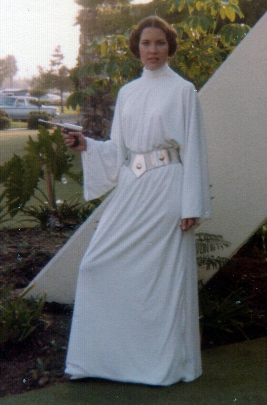 Karen Schnaubelt cosplaying as Princess Leia circa 1977.