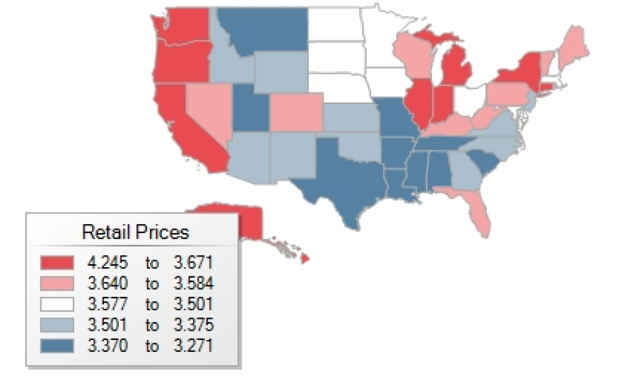 This map shows the breakdown of average gasoline prices in each state across the U.S.
