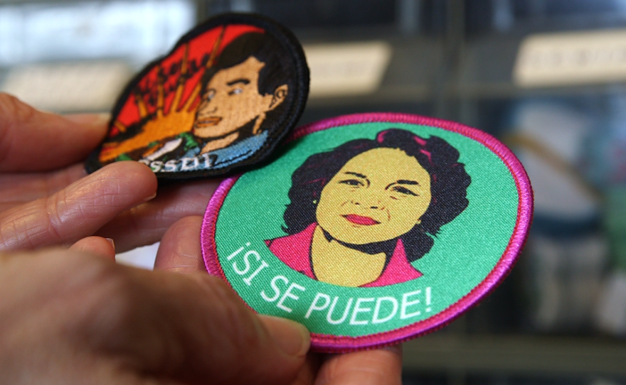 Girl Scout patches embroidered with the faces of United Farm Workers founders Dolores Huerta and Cesar Chavez are pictured on Sept. 16, 2015. Troops can design their own patches based on the girls' interests.