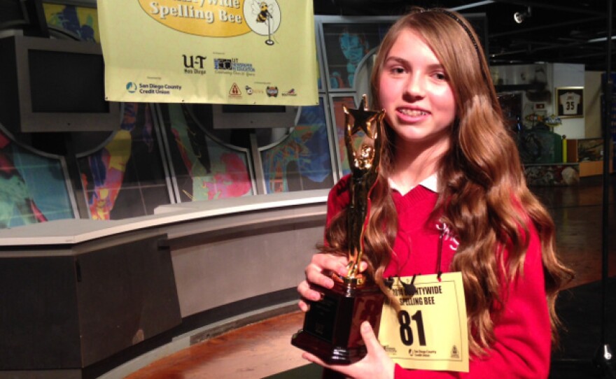 Allison Grygar of the St. Michael's School after winning the San Diego Countywide Spelling Bee in March 2014.