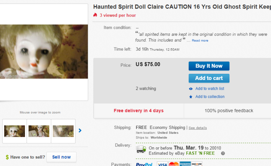 A screenshot of an eBay listing shows "Claire," a doll that, according to the seller is haunted by a spirit. The current price: $75.00