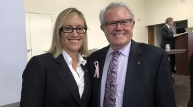 Carlsbad City Councilwoman Cori Schumacher and Mayor Matt Hall, following mayoral forum, Oct. 8, 2018.
