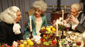 Patrick Page, Ava Deluca-Verley and Hugo Becker as Joseph Priestley, Marie Anne and Antoine Lavoisier in the series, THE MYSTERY OF MATTER: SEARCH FOR THE ELEMENTS.