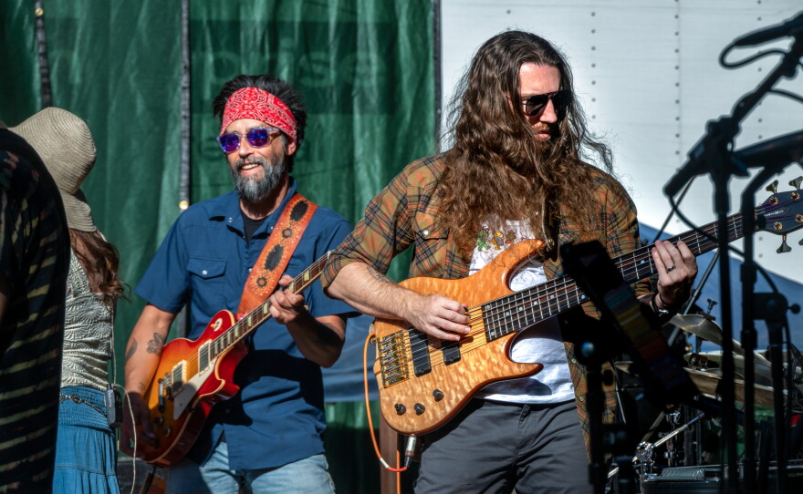 Grahame Lesh, guitarist and son of Grateful Dead original band member Phil Lesh, at right, heads up the band. Terrapin Roadshow performs at Monte Rio Amphitheater in Monte Rio, CA for a story about the longevity of the Grateful Dead's music and cultural scene.