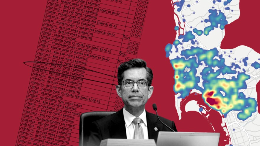 Illustration shows a photograph of San Diego Councilmember Stephen Whitburn alongside reasons why vehicles are towed and a heat map showing communities most impacted.
