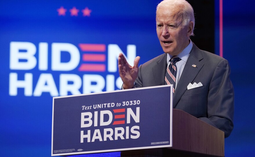 Democratic presidential nominee Joe Biden speaks about coronavirus vaccines after a briefing with public health experts in Wilmington, Del., on Wednesday.