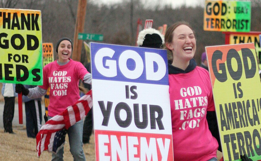 Westboro Baptist Church members hold a protest in Topeka, Kansas, in this photo from the Showtime documentary
