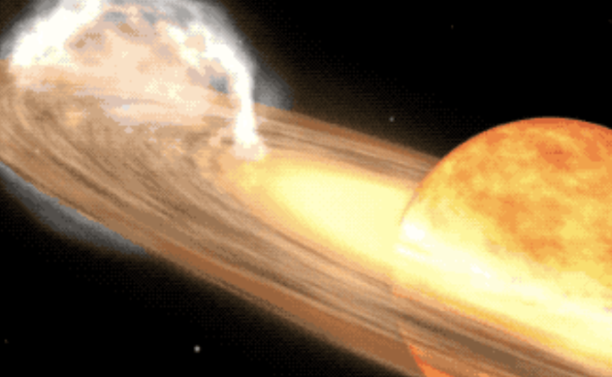 An artist's rendering shows the T Coronae Borealis star system, which contains a white dwarf and a red giant.