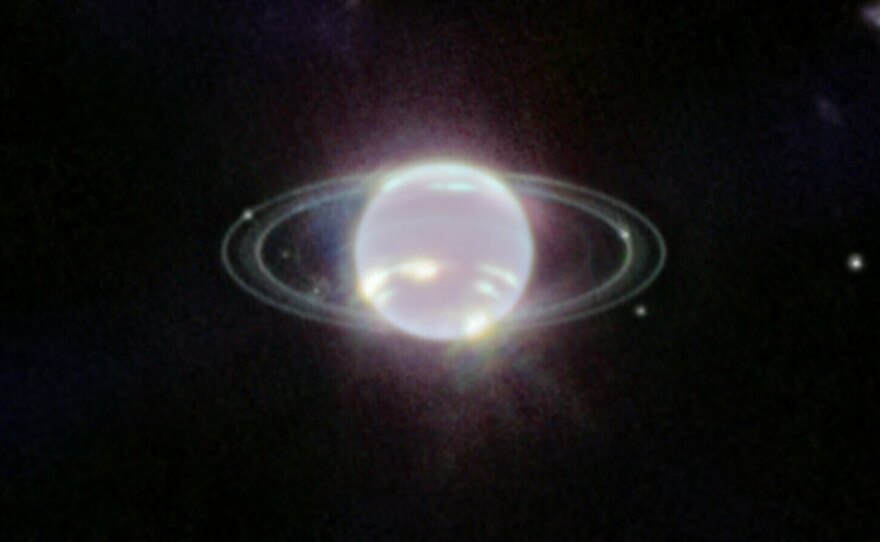 This is the clearest view of Neptune's rings in decades, taken by JWST. Observed here in near-infrared wavelengths, Neptune appears ghostly white instead of blue.