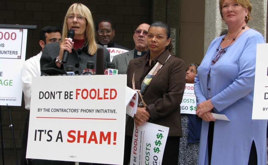 Councilwoman Donna Frye and Marti Emerald speak out against the "Competition and Transparency in Contracting" in San Diego on June 10, 2010.