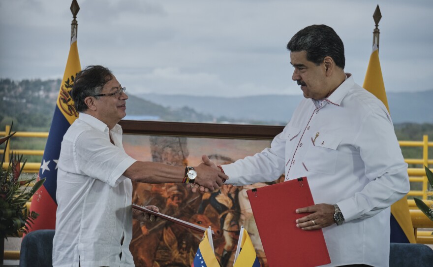 Colombian President Gustavo Petro (left) and his Venezuelan counterpart Nicolás Maduro shake hands during a meeting at the Tienditas International Bridge in Cúcuta, Colombia, on Feb. 16.