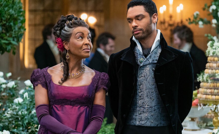 Lady Danbury (Adjoa Andoh) and Simon Basset (Regé-Jean Page) in<em> Bridgerton.</em>