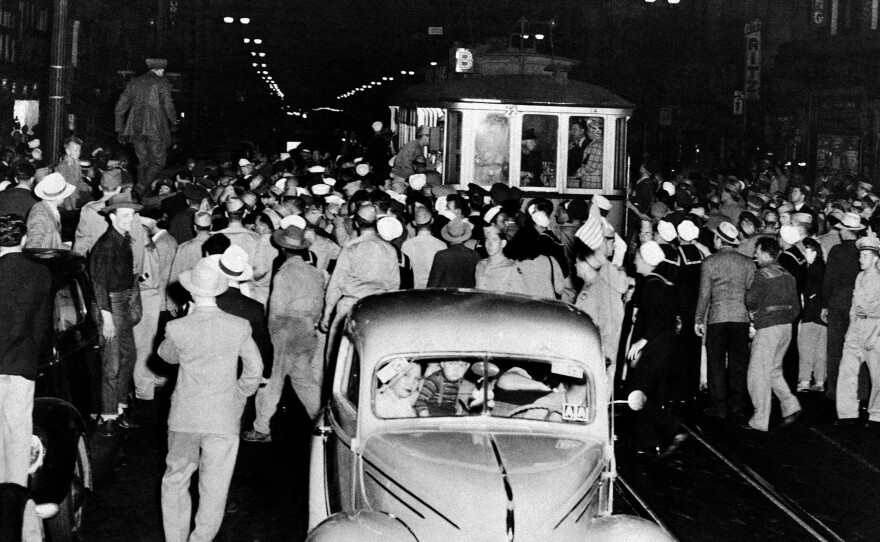 Soldiers, sailors and marines roamed the streets of Los Angeles in the summer of 1943 looking for men wearing zoot suits, jamming traffic and stopping streetcars during their search.