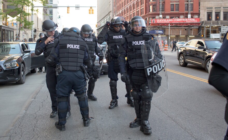 Cleveland police in riot gear respond to protests in 2015. The city's police department requested bids for 2,000 sets of riot gear ahead of the Republican convention.
