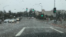 Raindrops on a windshield near San Diego State University, Nov. 29, 2018. 