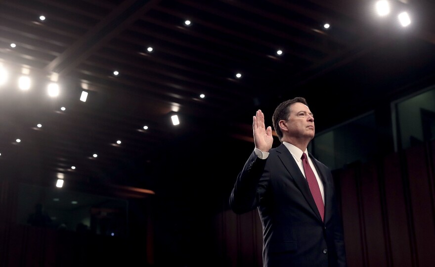 Former FBI Director James Comey is sworn-in before testifying before the Senate Intelligence Committee on Capitol Hill on June 8.