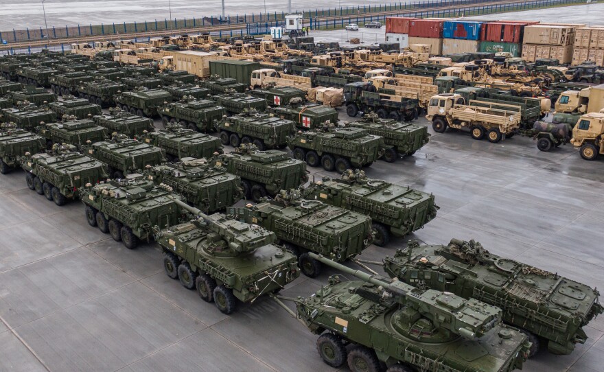 An aerial view on Feb. 4 of more than 200 pieces of equipment, including Strykers and wheeled vehicles from the U.S. Army National Guard's 1st Battalion, 185th Infantry Regiment and equipment for upload from the 3rd Battalion, 161st Infantry Regiment, at the Port of Gdynia in Gdynia, Poland.