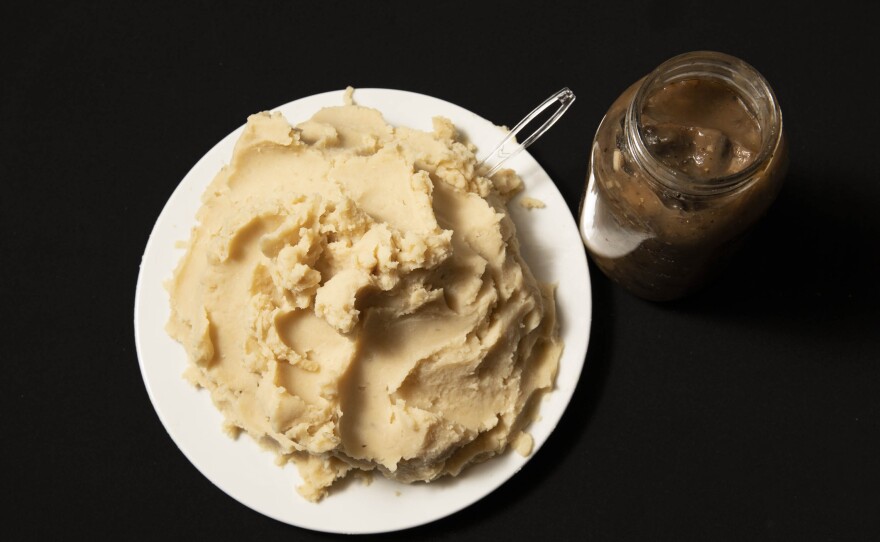 Mashed lima beans and mushroom gravy, alternatives for mashed potatoes and turkey dripping-based gravy.