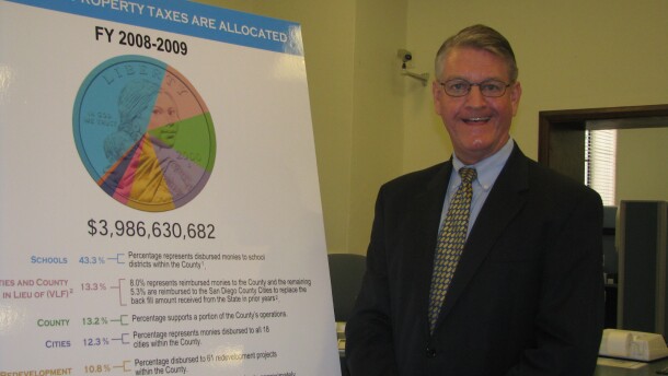 San Diego County Treasurer/Tax Collector, Dan McAllister, stands beside a chart of how the County spent its property tax money in 2009 on March 30, 2010.