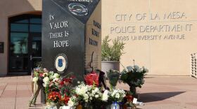 A improptu memorial for La Mesa Police Department Officer Lauren Craven is shown outside LMPD headquarters on Oct. 21, 2025 in La Mesa, California. Craven was killed in a traffic collision in Interstate 8.