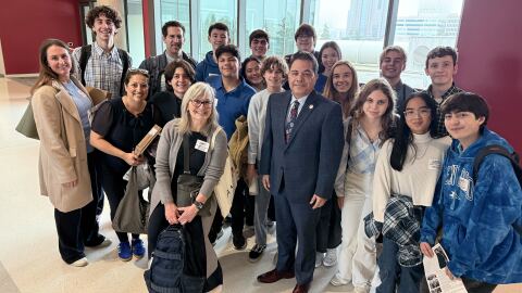 A group of students from Coronado and Chula Vista meet state Sen. Steve Padilla (front center) in Sacramento on Jan. 21, 2025. They lobbied for two bills related to the Tijuana River sewage crisis. 