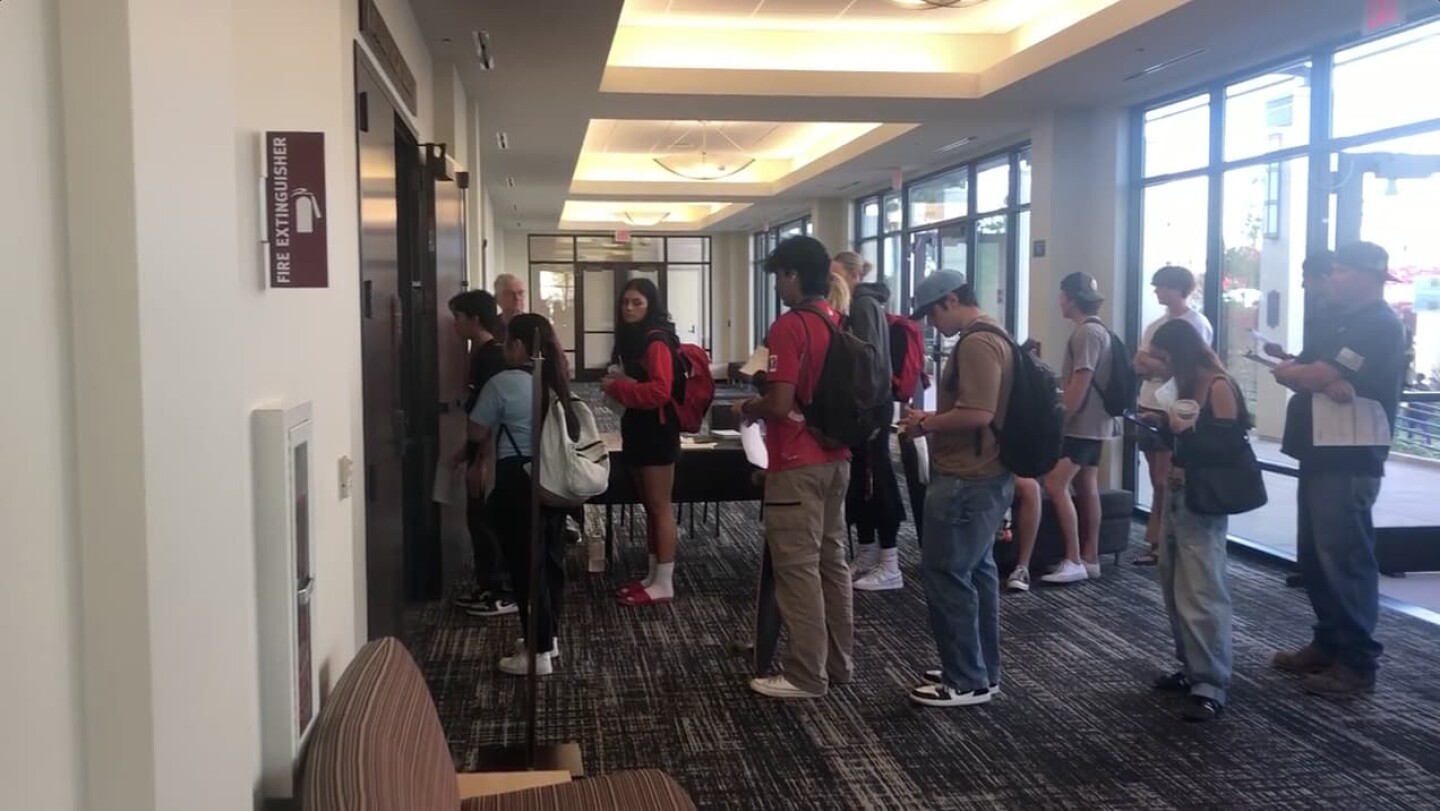San Diego State University students wait to cast their ballots for the 2024 Presidential Election on Nov. 5, 2024 in San Diego, Calif.