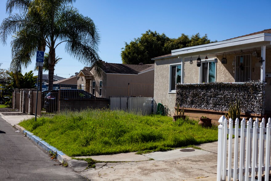 Missing sidewalks are shown in the Paradise Hills neighborhood in San Diego on Feb. 9, 2023. At least one resident living in this area is physically disabled.