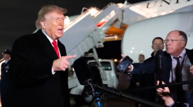 President Donald Trump speaks with reporters as he arrives on Air Force One, Saturday, Oct. 10, 2026, at Joint Base Andrews, Md.