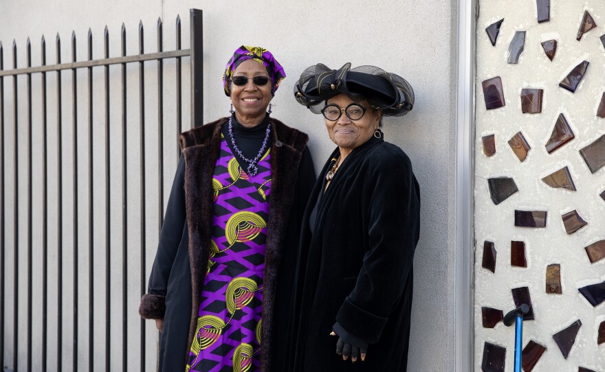 Velma Matthews, 76, left, and Lovie Hatcher, 74, pose for a portrait outside Greater New Mt. Moriah Missionary Baptist Church on Sunday.