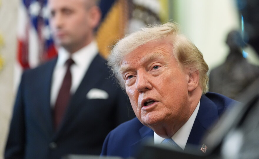 President Donald Trump speaks in the Oval Office of the White House, Thursday, Aug. 6, 2026, in Washington.