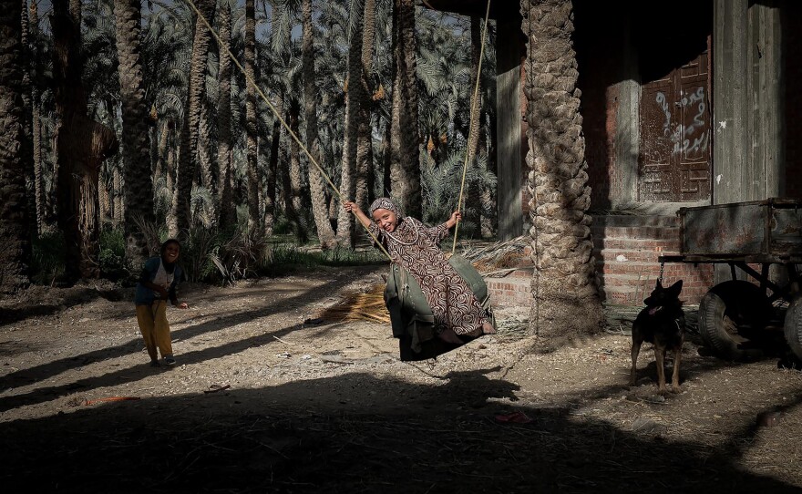 Hanan Ali's dad made this swing and hung it from two palms for his daughter. The family lives in Egypt. The photo is from May 11, 2017.