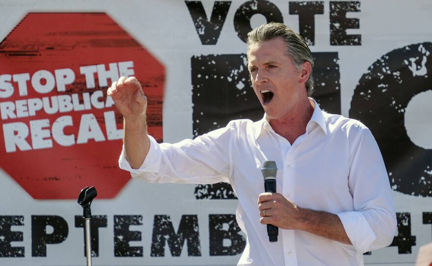 California Gov. Gavin Newsom speaks at a rally against the California gubernatorial recall election on Sunday, Sept. 12, 2021, in Sun Valley, Calif.