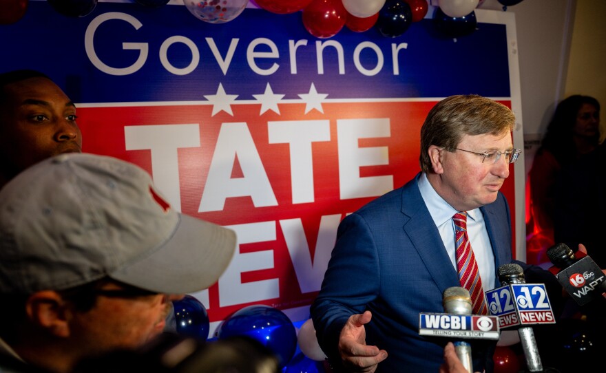 Mississippi Gov. Tate Reeves speaks to members of the press in Flowood, Mississippi after winning reelection on Tuesday.