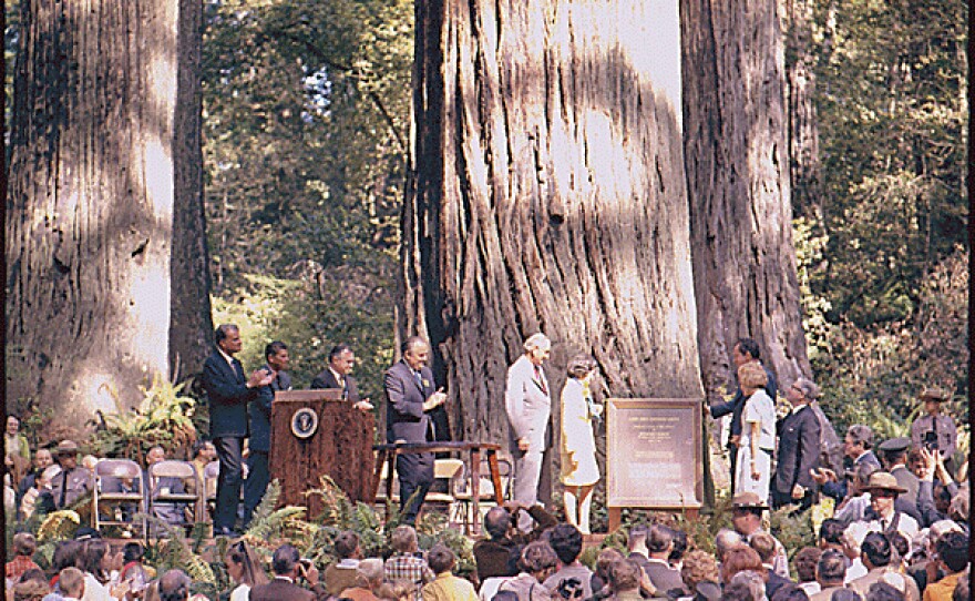 <em>Lady Bird Johnson Grove dedication ceremony with Presidents Richard Nixon and Lyndon Johnson, and First Ladies Lady Bird Johnson and Pat Nixon.</em>