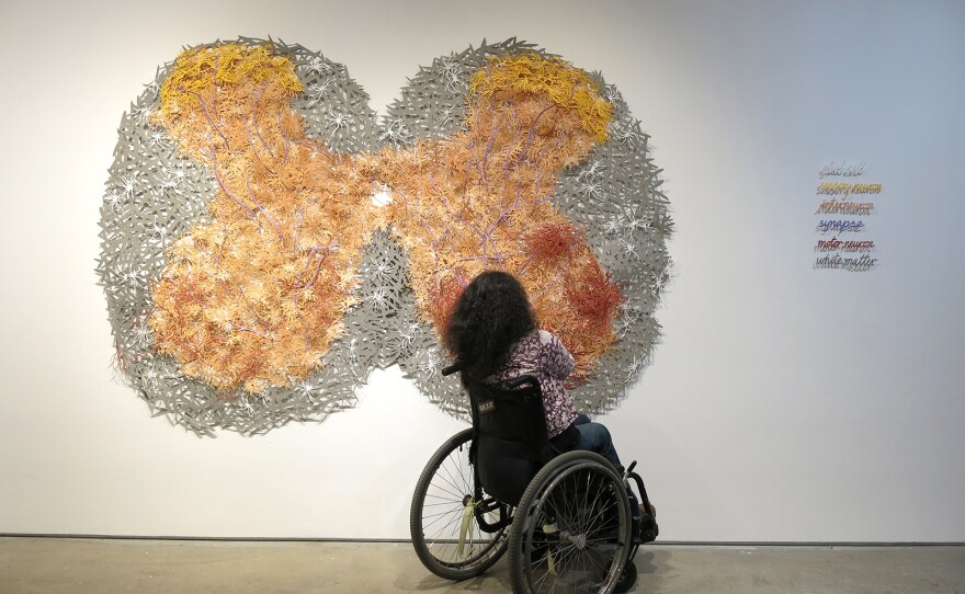 Artist Bhavna Mehta is pictured with her new installation, "Fault Lines," at SDAI.